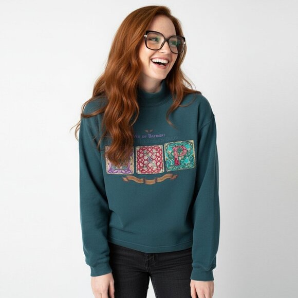 Vintage 90s Green Mock Neck Sweatshirt with Embroidered Tapestry Art 100% Cotton - Picture 1 of 11